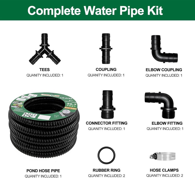 Longrun Pond Tubing 1 Inch Diameter, 20.7 Feet Long Corrugated Flexible Hose Pipe with Clamps Pipe Fittings, Pool PVC Tube for Garden Ponds Waterfalls Camping Caravans Filters Drainage Marine - Image 2
